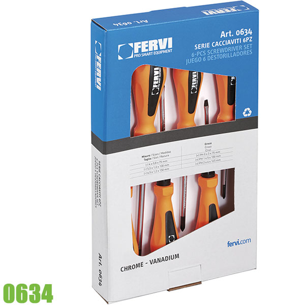 Bộ tuốc nơ vít 0634, 6 cây dẹt và pake, Cr-Mo. FERVI Italia