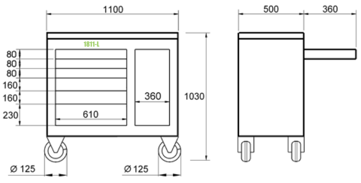 Kích thước của bàn nguội di động kết hợp tủ đồ nghề ELORA 1811-L