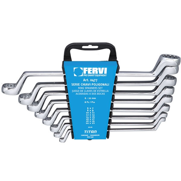 Bộ cờ lê FERVI 0477, 2 đầu vòng 8 cây 6-22mm, loại khủy cao