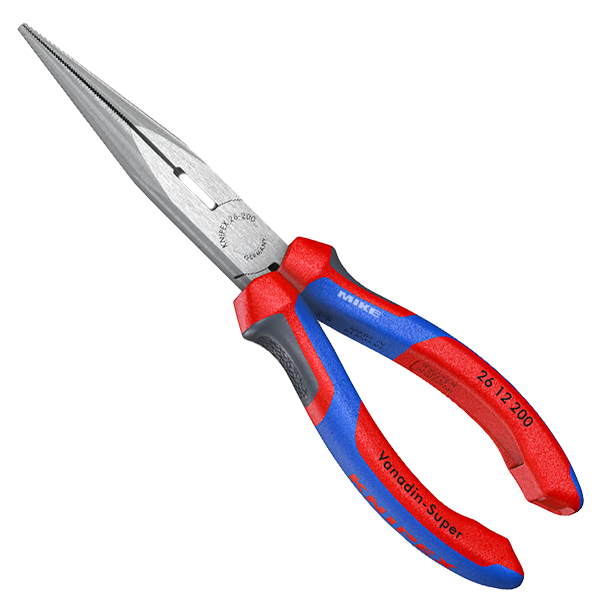 Kìm mỏ nhọn đầu thẳng Knipex 26 12 200, size 200mm, mũi bán nguyệt, cán bọc nhựa đa màu, mạ đen