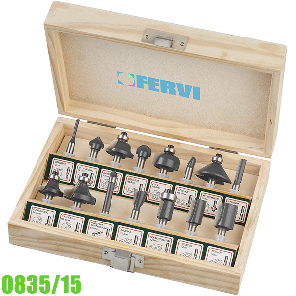 Bộ mũi phay router 0835/15,15 chi tiết, chuôi Ø6 mm FERVI Italia