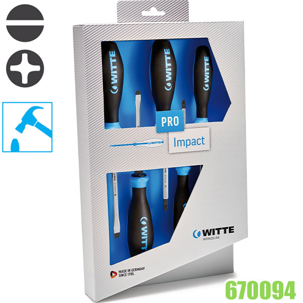 Bộ tua vít đóng 670094, 06 cây dẹt và bake, thân gốc lục lăng WITTE hàng Đức