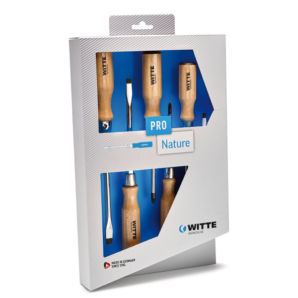 Bộ tua vít cán gỗ WITTE 620306 gồm 5 cây, 3 dẹt và 2 bake, gốc lục lăng