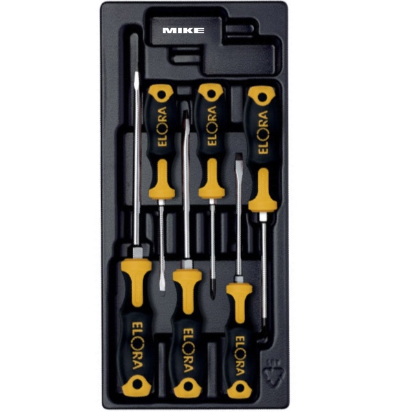 Bộ tua vít 6 cây ELORA MS-37, gồm 4 dẹp, 2 hoa thị, khay nhựa