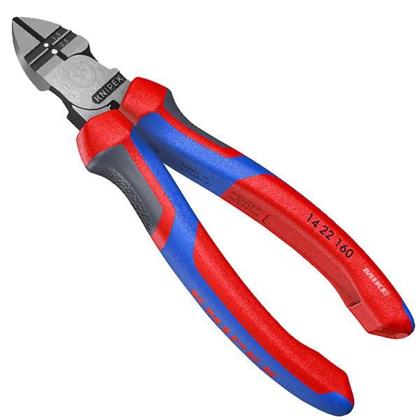 Kìm cắt cạnh heavy duty Knipex 14 22 160, tuốt vỏ cách điện, cắt dây mềm Ø 2.5 mm, dây cứng Ø 1.5 mm, tuốt dây 1,5 / 2,5 mm². Cán đa màu, đầu kìm mạ đen