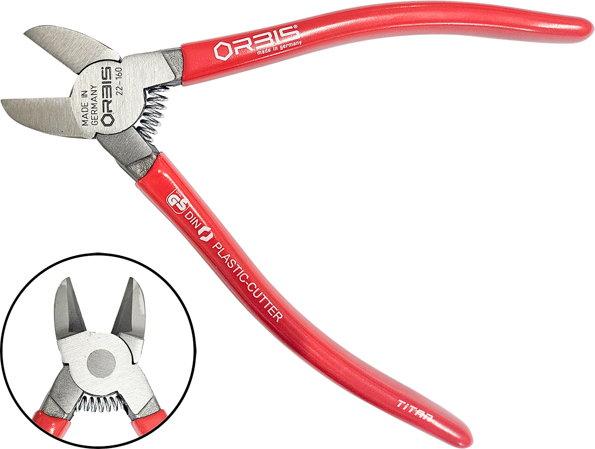 Kìm cắt cạnh ORBIS 22-1600 cắt sát mép, lưỡi mài phẳng, không gờ. Lò xo tự mở, dài 160mm. Sản xuất tại Đức, đạt DIN ISO 5746, cán nhựa cổ điển, phù hợp phôi mềm.