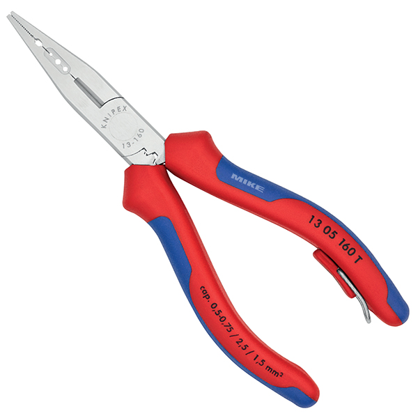 Kìm mỏ nhọn thợ điện Knipex mã 13 05 160 T dài 160mm, đầu mạ chrome chống gỉ, cán nhựa đa màu có móc treo chống rơi, cắt dây mềm Ø2.5mm và cứng Ø1.6mm, tiện lợi khi làm việc trên cao.