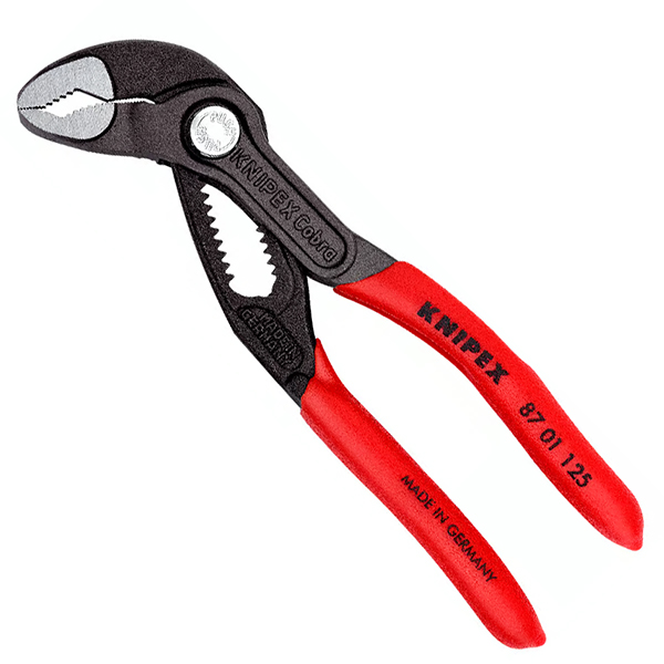 Kìm mỏ quạ Knipex Cobra® mã 87 01 125 dài 125mm, phủ đen chống gỉ, tay cầm phủ nhựa, kẹp ống Ø30mm, kẹp size ốc đến 27mm, có 13 nấc chỉnh.