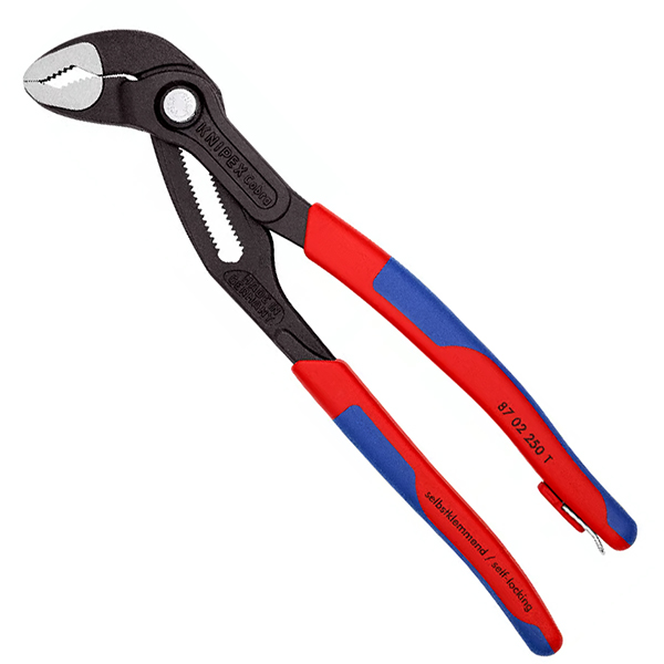 Kìm mỏ quạ 87 02 250 T dài 250mm, phủ đen chống gỉ, tay cầm nhựa đa thành phần có điểm gắn dây chống rơi, kẹp Ø50mm, kẹp ốc 46mm, 25 nấc chỉnh.