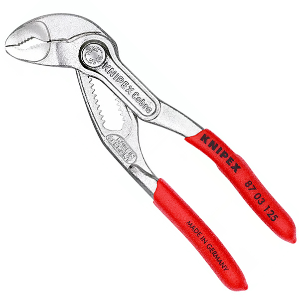 Kìm mỏ quạ Knipex Cobra® 87 03 125 dài 125mm, mạ crôm sáng bóng, tay cầm phủ nhựa, kẹp ống Ø29mm, kẹp ốc 27mm, có 13 nấc điều chỉnh.