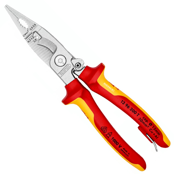 Kìm điện đa năng 6 chức năng Knipex 13 96 200 T dài 200mm, cắt cáp Ø15mm tiết diện 50mm², tuốt dây 0.75–1.5/2.5mm², bấm cos 0.5–2.5mm², đầu kìm mạ crôm. Tay cầm cách điện VDE + điểm gắn dây an toàn.