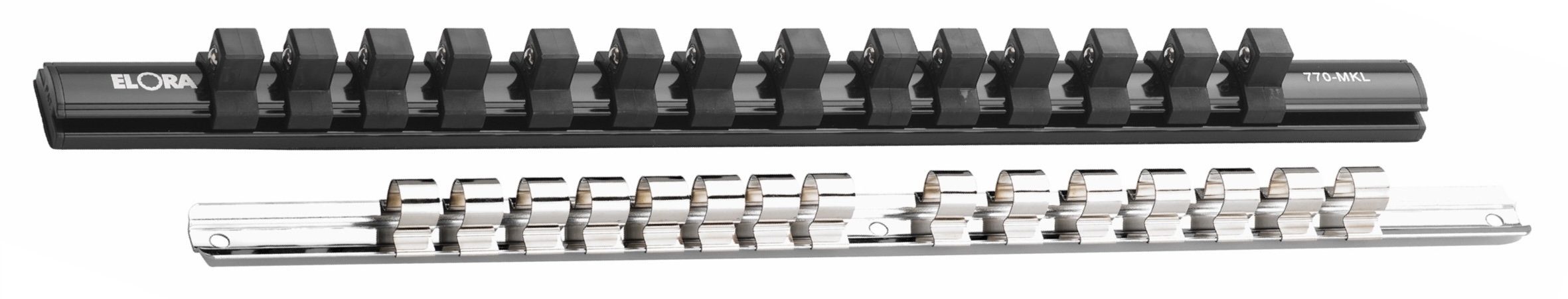 Thanh cài đầu tuýp 770-KL lưu giữ 15 đầu, có lỗ 2 đầu, mạ crom. 770-MKL dành cho đầu tuýp đen, lưu giữ 14 đầu, nam châm mặt lưng, bề mặt phủ đen.