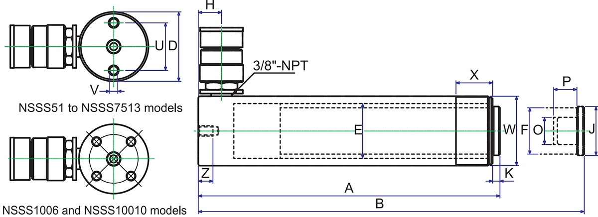 Bản vẽ kích thước Kích thủy lực Powerram NSSS