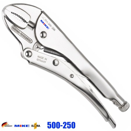 Kìm chết ngàm cong 250mm, Grip plier with wire cutter, curved jaws. ELORA 500-250