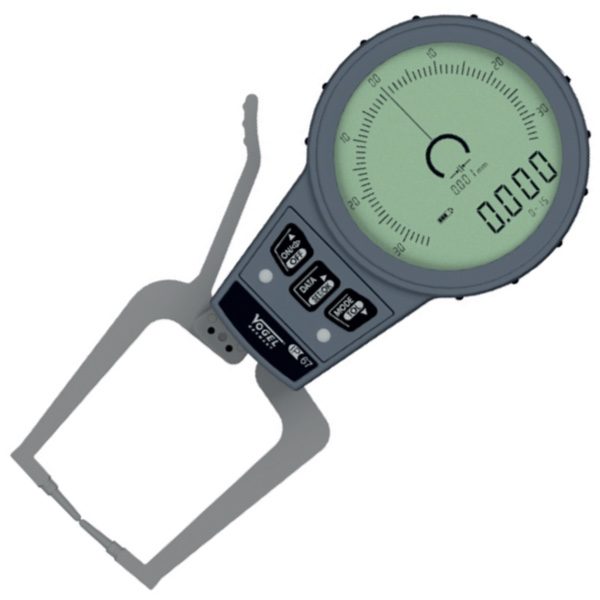 240551 đồng hồ điện tử đo độ dày có thang đo từ 0mm đến 15mm. Độ chính xác ±0.001m, dung sai toàn tầm đo ±0.010mm. Vogel Germany. Đầu đo dạng S, đường kính Ø1.5mm hình lưỡi dao.